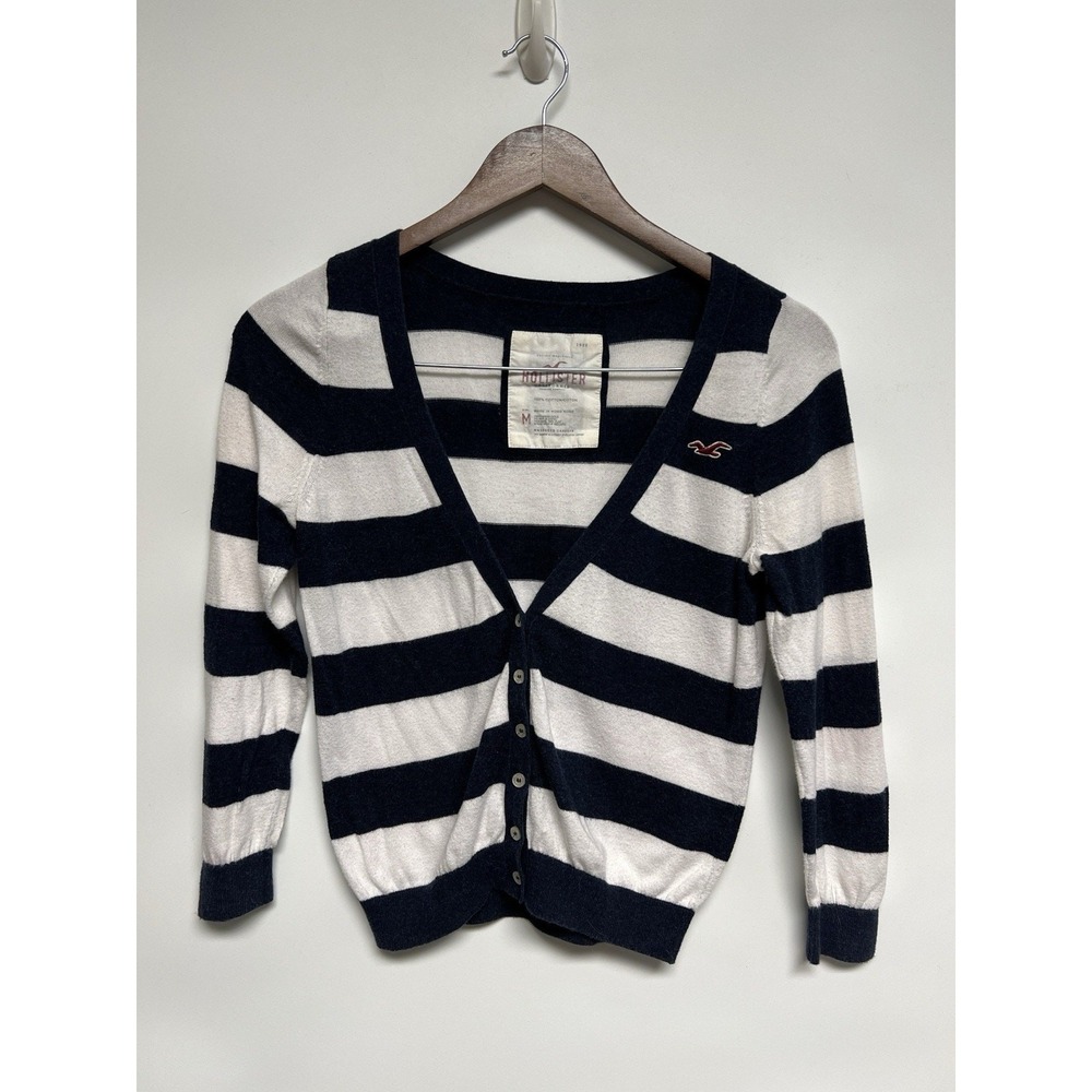 Vintage Y2K Hollister Navy Blue & White Striped Cardigan Womens M Fitted Preppy